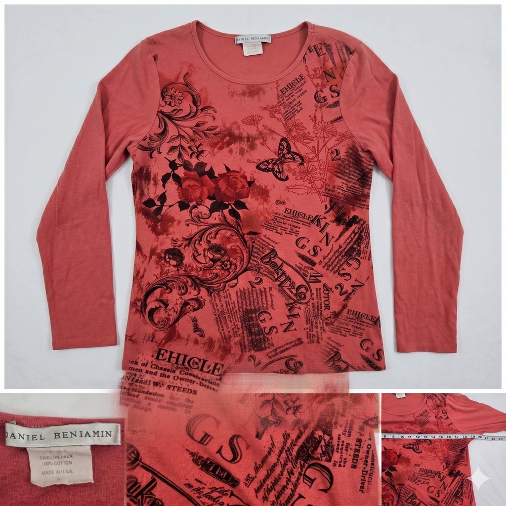Daniel Benjamin Vintage Y2K Pink Graphic Long Sleeve Shirt Made in USA Womens L